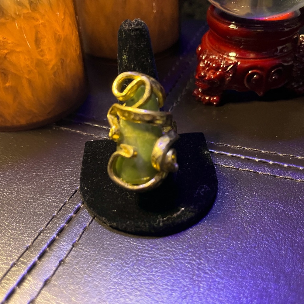 Handmade snake ring gold plated silver polished jade stone unisex size 10 1/2